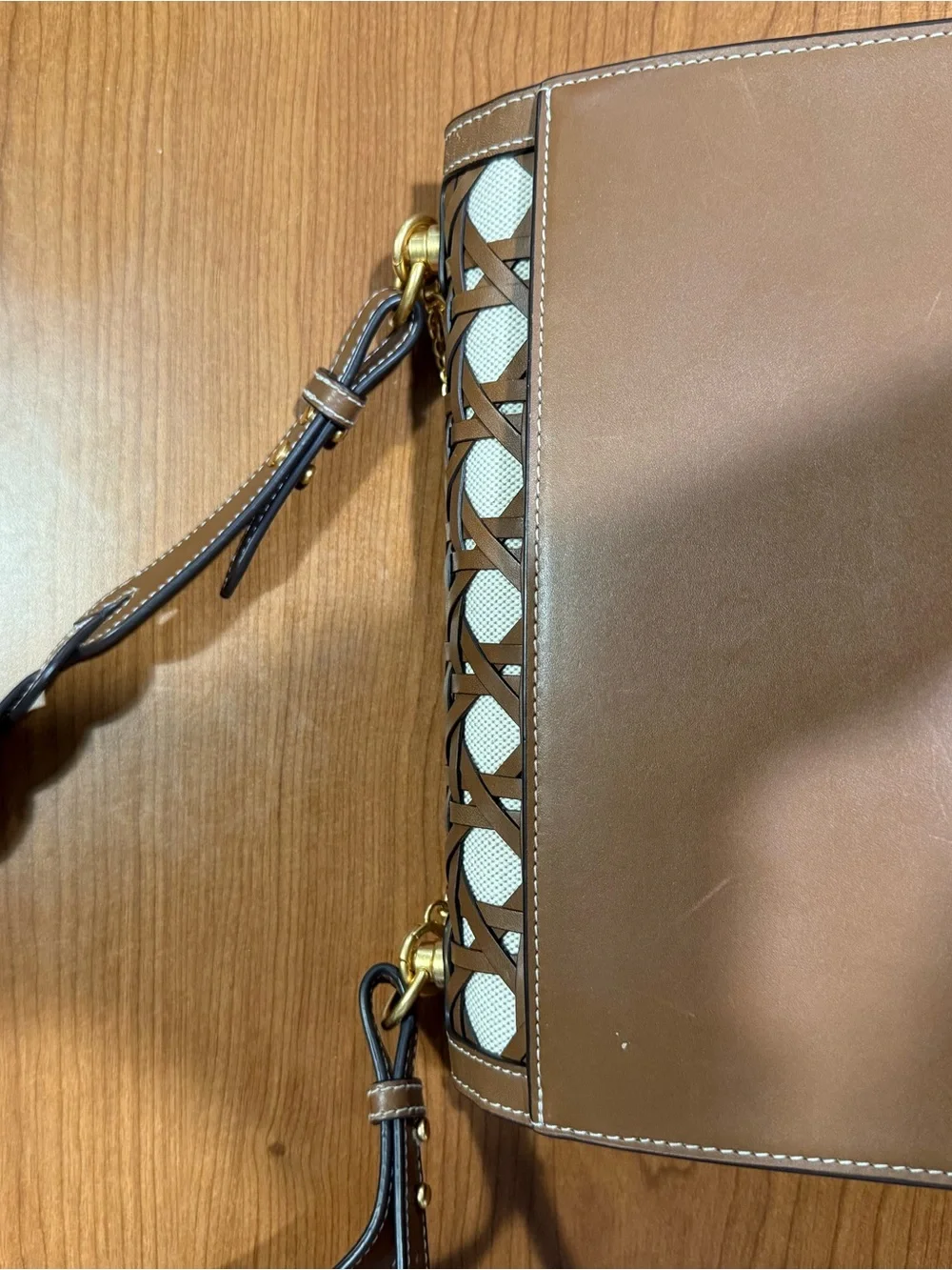 Tory Burch Brown Leather Shoulder Bag with Gold Logo and Woven Cream Inset